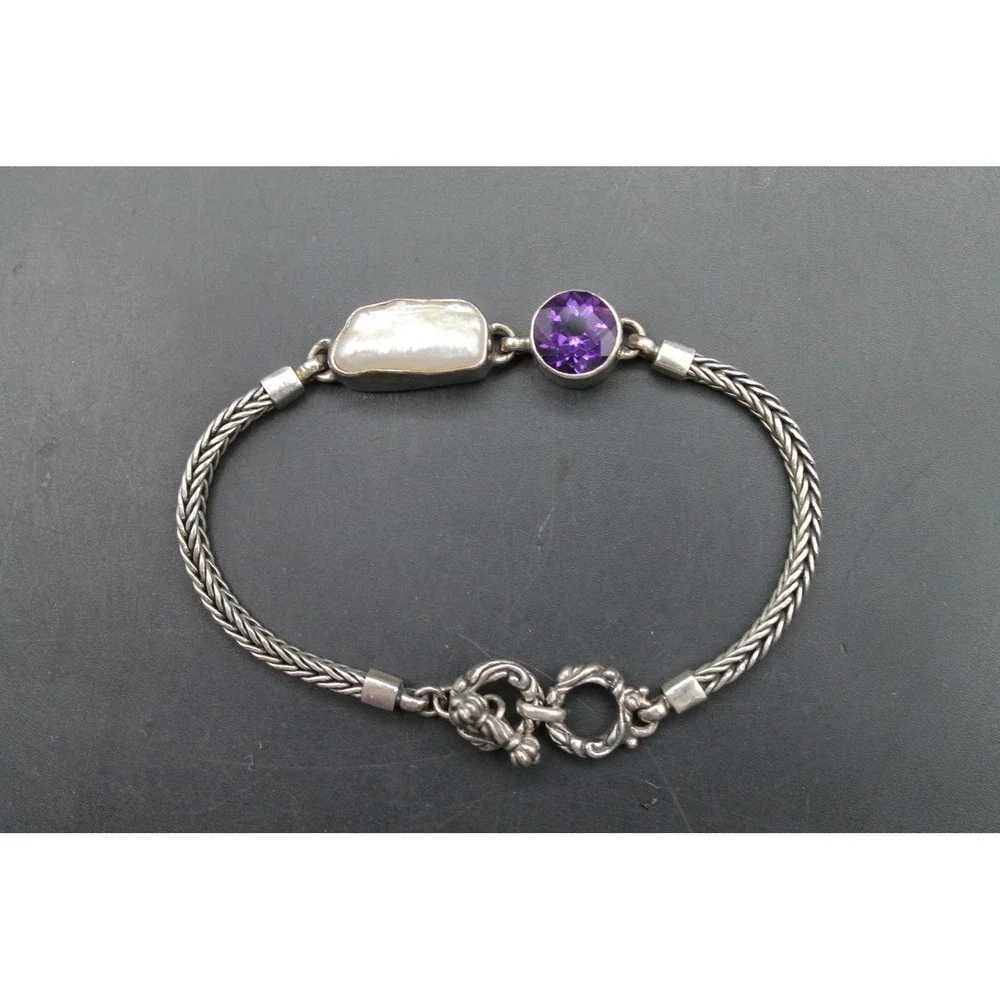 Sterling Silver Purple Gemstone Mother of Pearl Bracelet ~7.5
